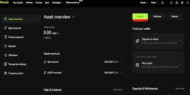 دسترسی به بخش واریز دارایی صرافی Bitunix